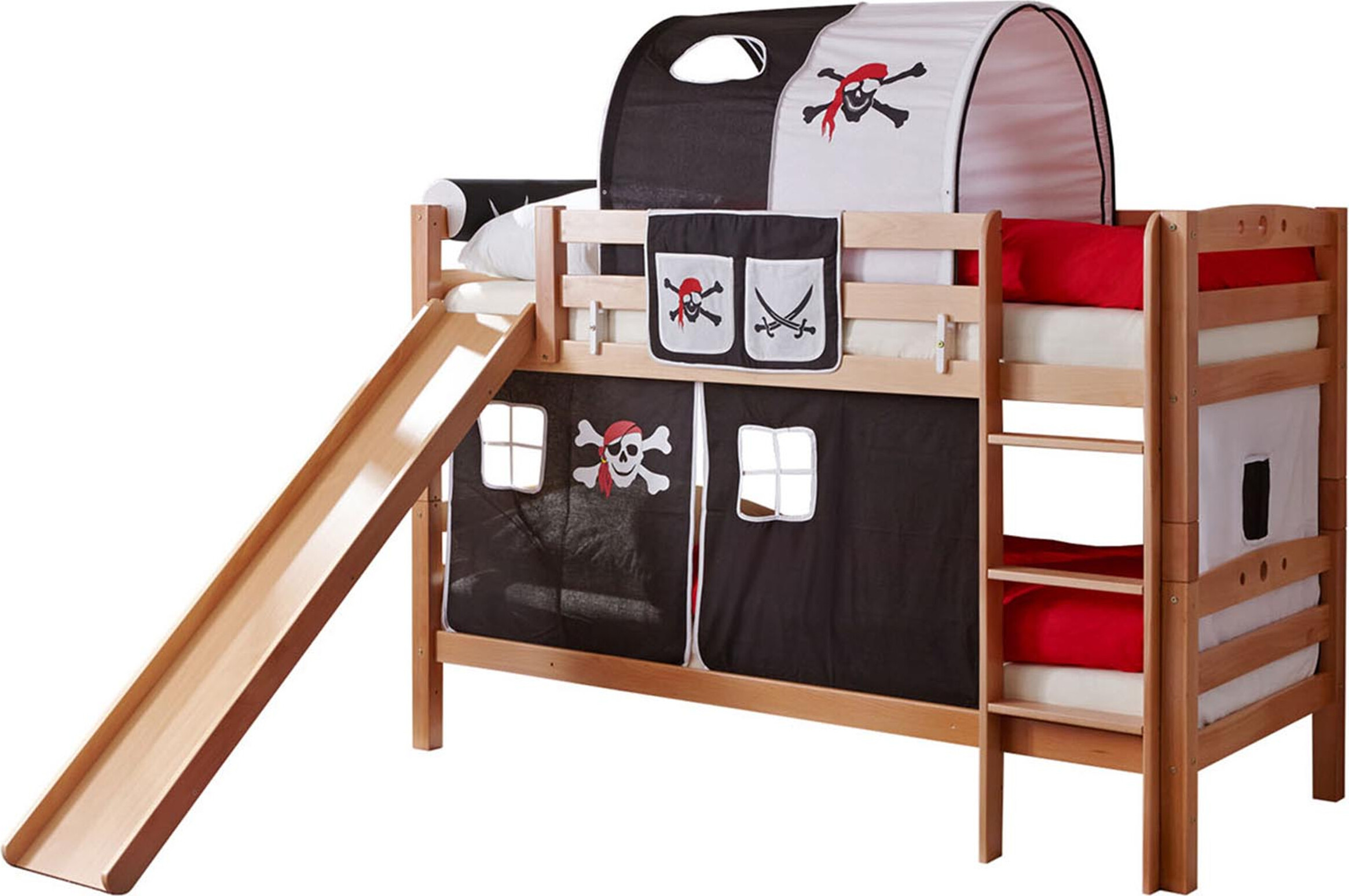 Etagenbett mit Rutsche Doppelbett Buche massiv Natur, Vorhangstoff:Pirat Schwarz Weiss