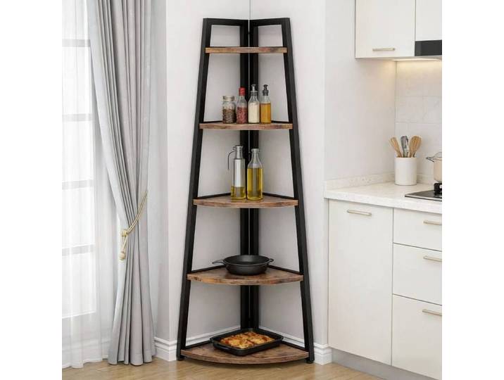 Etagere D Angle 5 Niveaux Noir Marron Rustique Bibliotheque De Coin FloraGrace Pour Salon Et Bureau Gain De Place 66x66x178cm