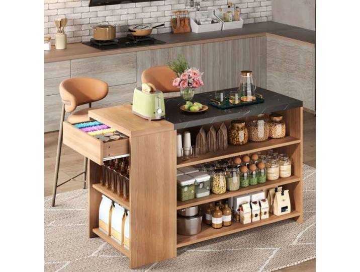 Îlot de cuisine avec plan de travail ergonomique rangements pour épices ustensiles style bicolore marbre et chêne no ILOT CENTRAL