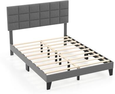 Costway Queen Size Modern Linen Bed Frame with Adjustable Headboard-Gray
