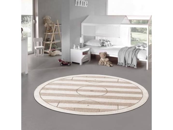 Teppich-Traum Kinderteppich Fußballfeld Creme Beige 200 cm Rund Für Fußballfans, Hoch-Tief-Effekt, weicher Flor, pflegeleicht, strapazierfähig, OEKO-TEX, Kinderzimmer, 14 mm Florhöhe