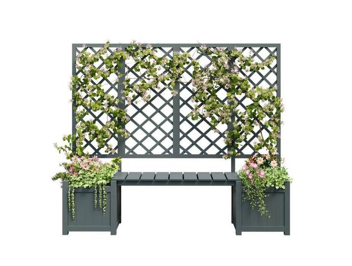 Banc de jardin extérieur - avec bac à fleurs & treille pour fleurs - bois massif - pour jardin/balcon/patio - gris