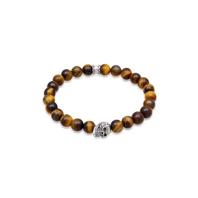 Armkette KUZZOI "Armband Tigerauge Totenkopf Bead Steinarmband 925 Silber" Gr. 210, braun, Armbänder, Herren, 210, Silber 925 (Sterlingsilber), Armkette
