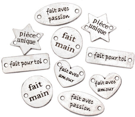 buttinette Label-Set "handmade", in Französisch, aus Metall, 2 – 3 cm, 10 Stück