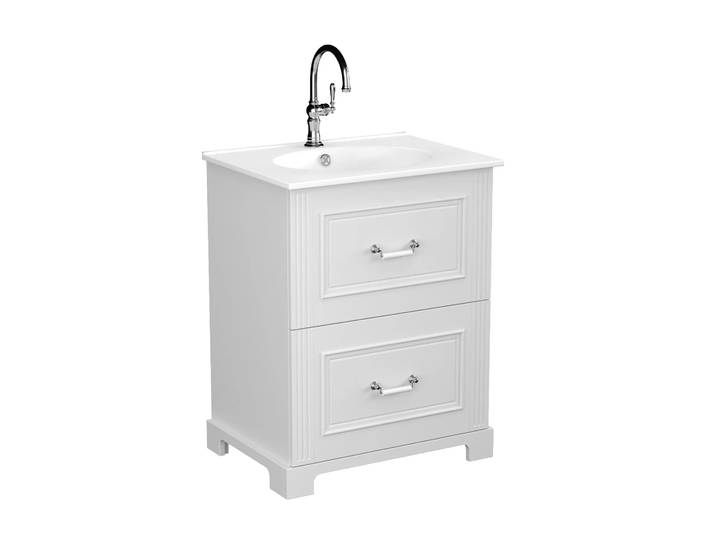 BADEDU RILA Waschbecken mit Unterschrank 60 cm breit, Weiß matt, Waschbecken Keramik Weiß, mit Füßen