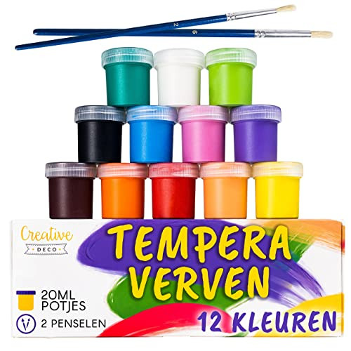 Creative Deco Kinderen Wasbare Tempera Poster Verfset met 12 Potjes van 20 ml per stuk, Basis Kleuren, Veilig en Niet-Giftig