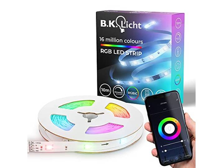B.K.Licht I Wifi RGBIC LED Strip 10 m I App Steuerung I Musiksensor I Lichtleiste I Lauflicht I RGBIC Streifen I kompatibel mit Alexa I Smartes Band I selbstklebend