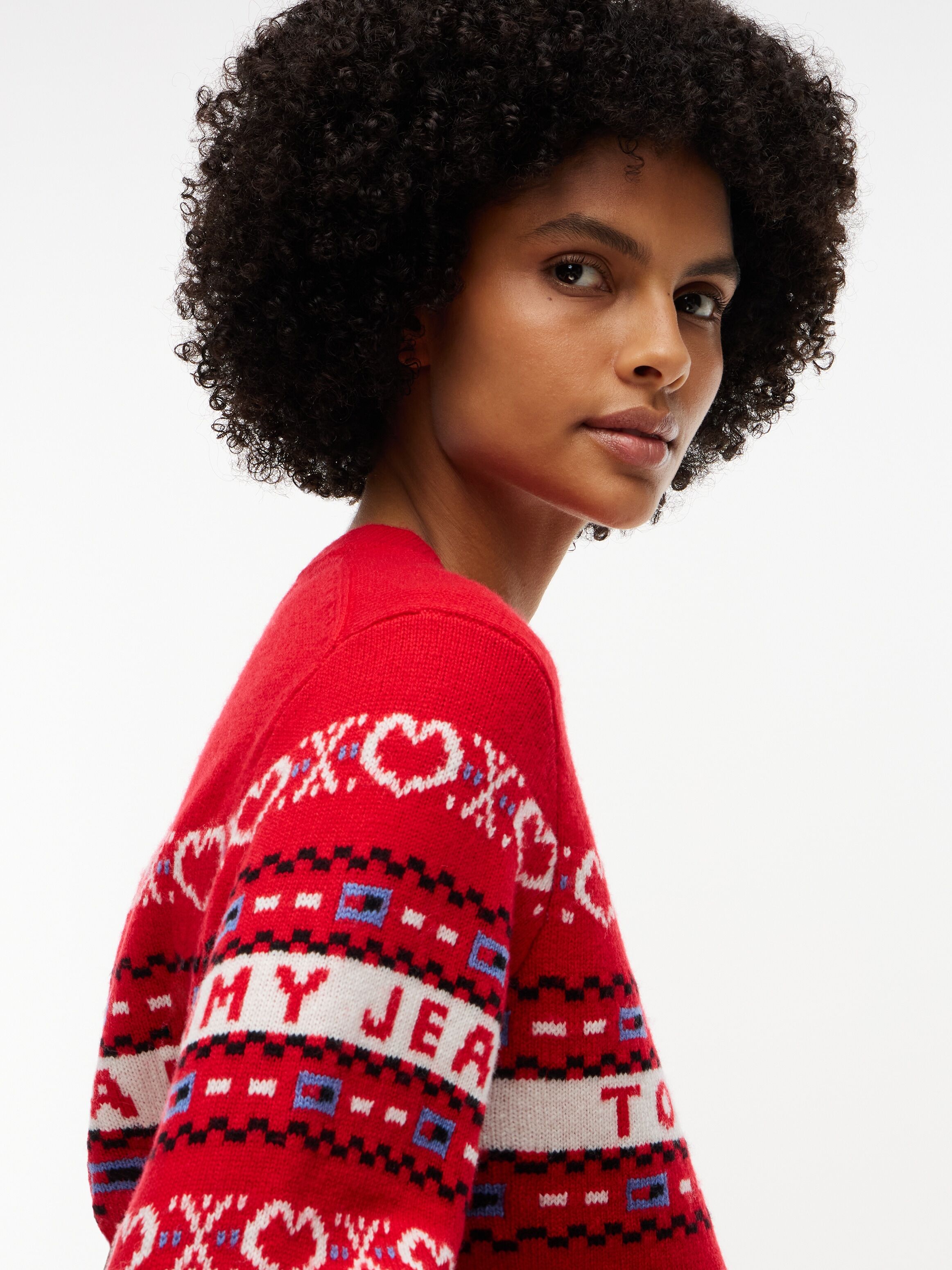 Wollpullover TOMMY JEANS "TJW SWEATER", Damen, Gr. XL (46), rot (lavish rot), Strick, Obermaterial: 100% Wolle, gemustert, normal, Rundhals, Bündchen, Pullover Wollpullover, Wolle lavish rot XL (46)