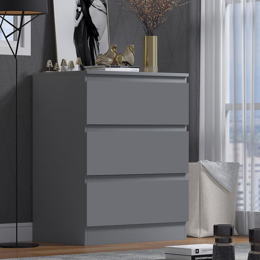 Hashtag Home Warren 3 Drawer Chest of Drawers - Matt Dark Grey Gray 77cm H X 60cm W X 40cm D