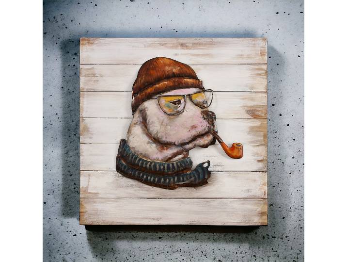 Tableau Relief Mr Chien à la Pipe en Bois et Métal