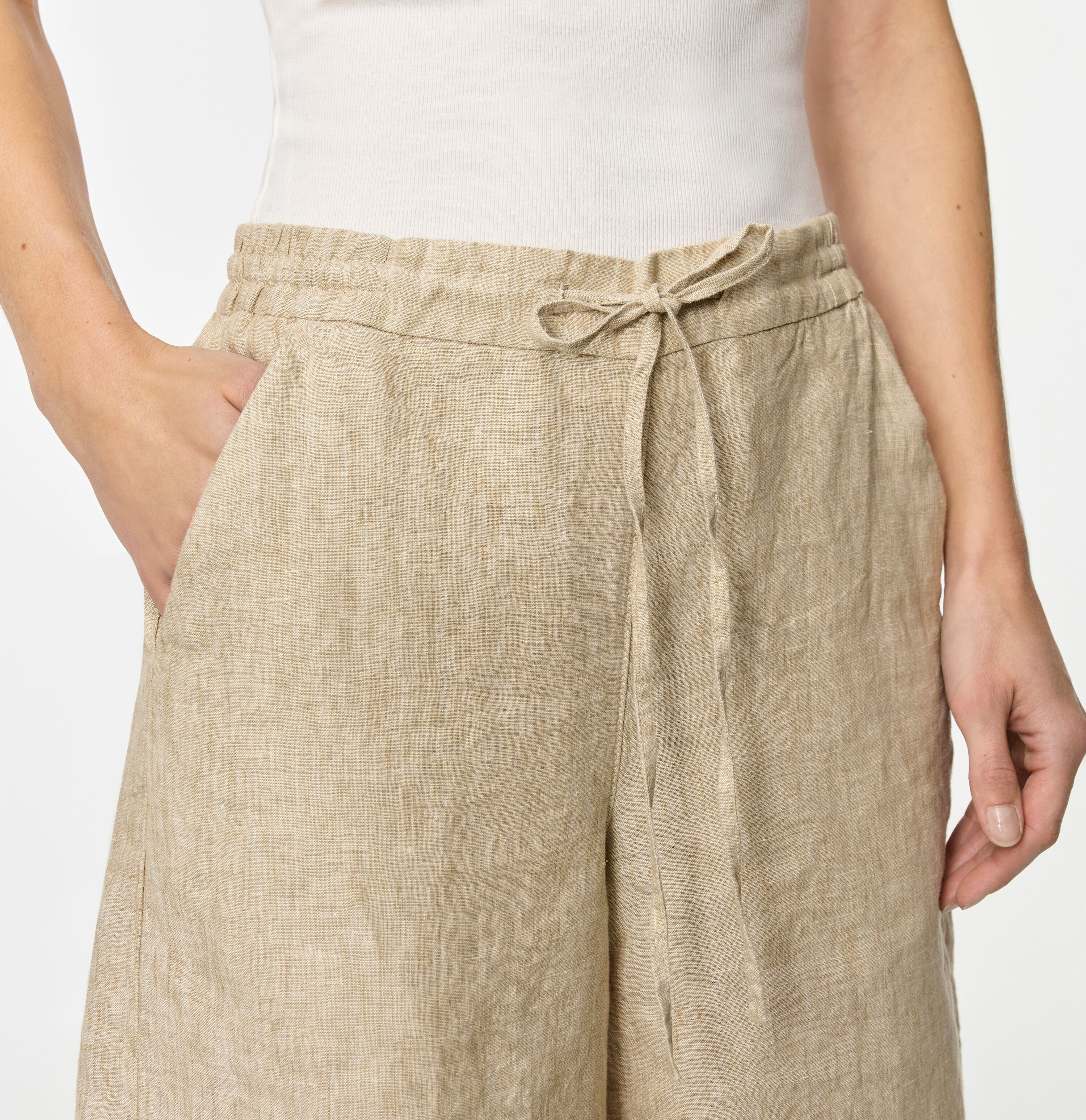 Leinenhose MAC "SANNY", Damen, Gr. 44, Länge 10, beige (almond beige melange), Web, Obermaterial: 100% Leinen, unifarben, normal knielang, Hosen Leinenhose, Shorts, Bermudas mit Gummizug und Kordelzug almond beige melange 44, Länge 10