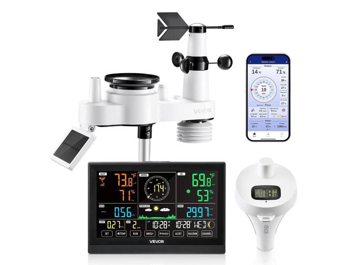 Station météo WLAN VEVOR 7 en 1 avec APP\, écran 7\,5 pouces\, capteur extérieur à énergie solaire\, avec thermomètre de piscine\, pluviomètre\, centre météo pour prévisions météorologiques\, vitesse du vent\, température de la piscine