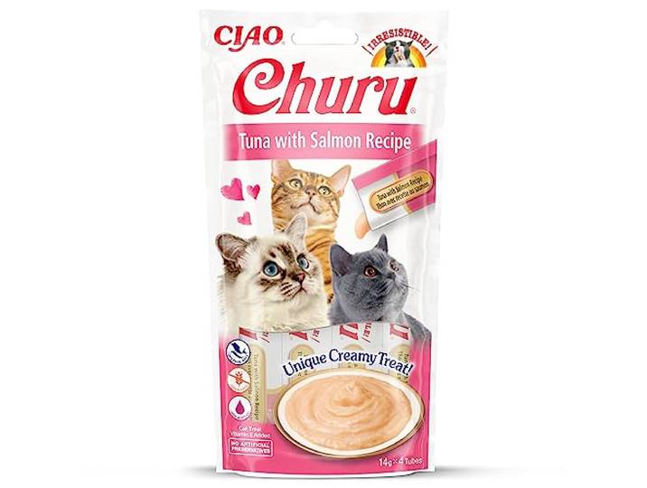 INABA Churu - Kattensnacks met gepureerde tonijn en zalm - Heerlijke snacks voor katten - Zachte en romige textuur - Kattenvoer - 4 Tubes x 14g