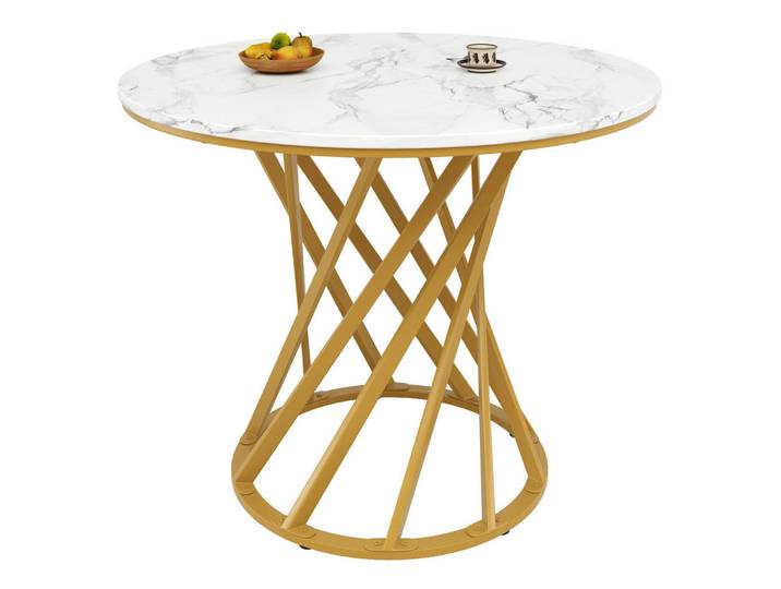 Redom Esstisch, MDF-Tischplatte & Metallgestell, 80/80/76 cm, Weiß/Gold, Goldfarben, 80x76x80 cm, Esszimmer, Esstische
