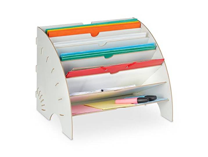 Relaxdays Rangement Documents\, 6 Compartiments\, Format A4\, HxLxP: 27x34x27 cm\, Bureau et école\, Organiseur\, MDF\, Blanc
