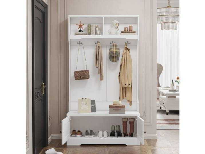 Meuble D Entrée Blanc Vestiaire Avec Banc Intégré Rangement À Chaussures 4 Crochets 2 Compartiments Ouverts 2 Portes Soft Close