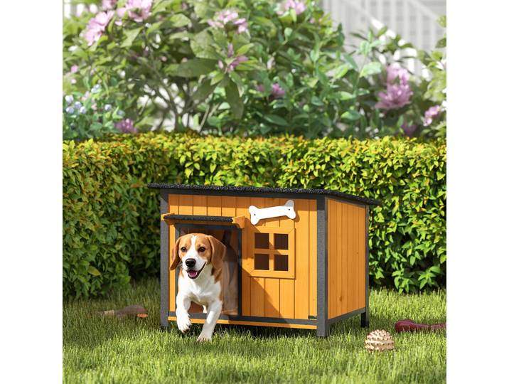 PawHut Maison Chien Extérieur Bois Acier Toit Ouvrant Jaune
