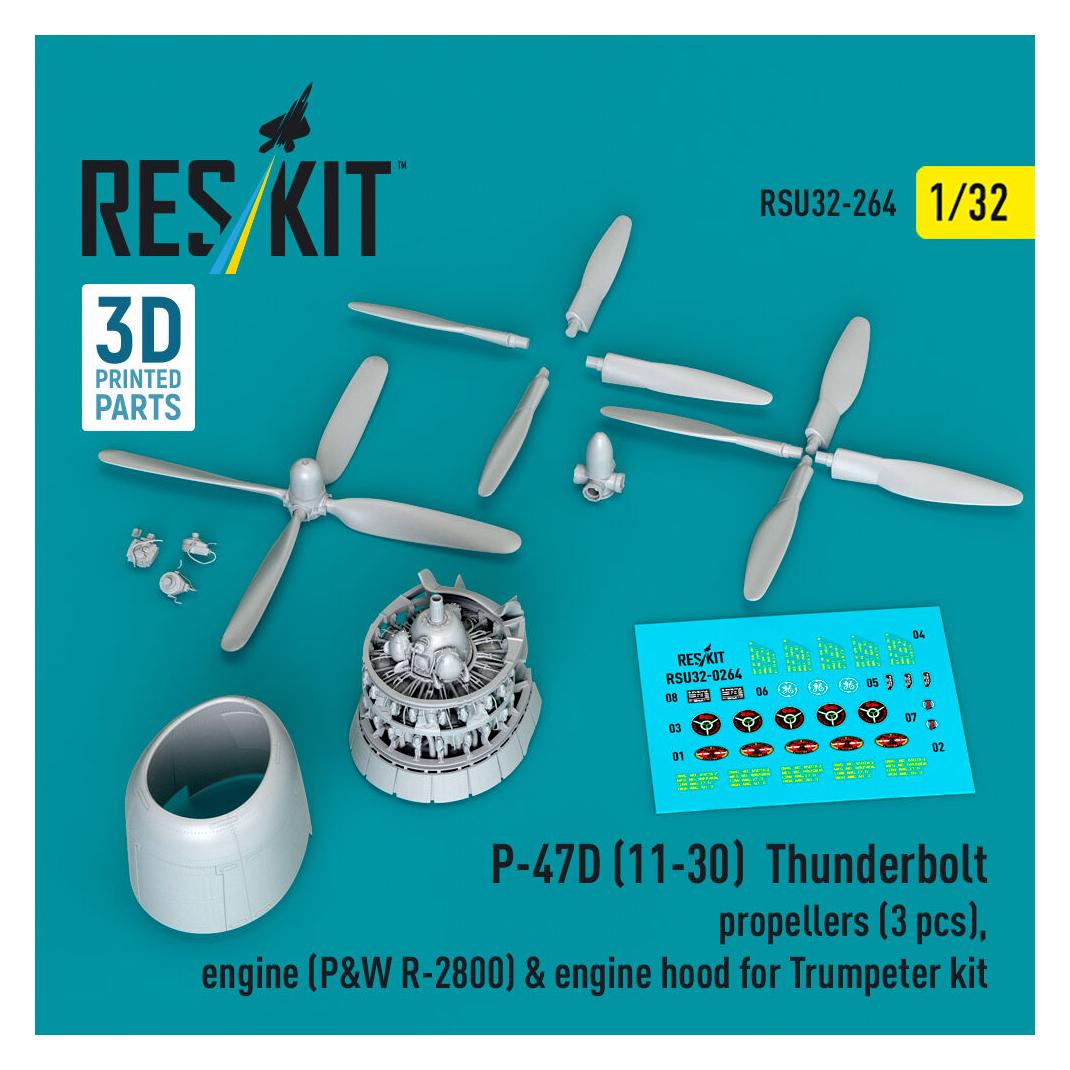ResKit P-47D (11-30) Thunderbolt propellers (3 pcs), engine (P&W R-2800) & engine hood (3D Printed) for Tru (RSU32-0264)
