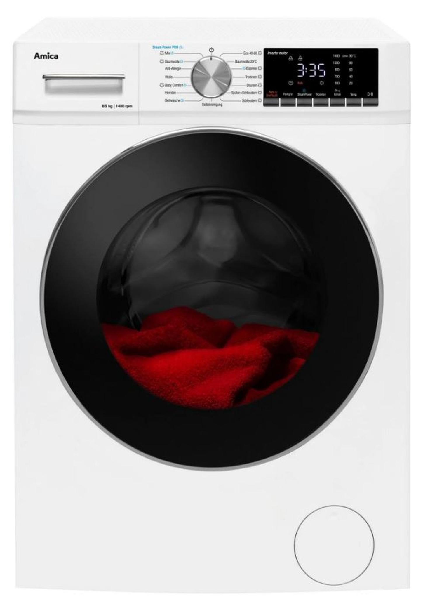 Amica WAT 404 050, Frontlader, Freistehend, Weiß, Links, Schwarz, Tasten, Drehregler