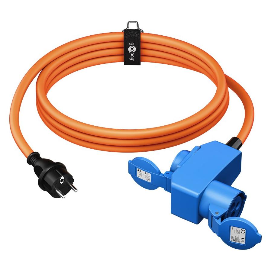 Goobay CEE-Adapterleitung, Schutzkontakt-Stecker auf 90° CEE-Kupplung und Schutzkontakt-Kupplung (1.50 m, CEE 7/3) (76222)