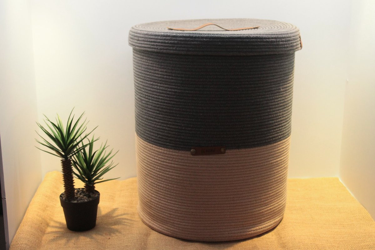 OZ Home Mand met Deksel Open Weave Beige/Donkerblauw