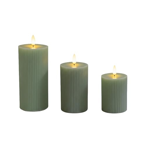 Relaxdays LED-kaarsen set van 3, groene stompkaarsen met flakkerend effect en wax-look