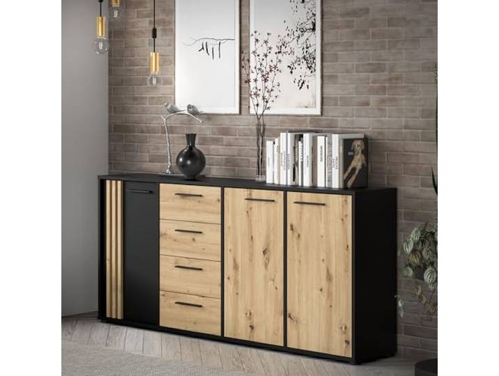 Forte Cardigan Kommode 180, Moderne Kommode, 3-türig mit Lamellendesign, 4 Schubladen, Wohn-/Schlafzimmer, Artisan Eiche Holzdekor Schwarz, 179,4 cm breit x 82,3 cm hoch x 34,3 cm tief