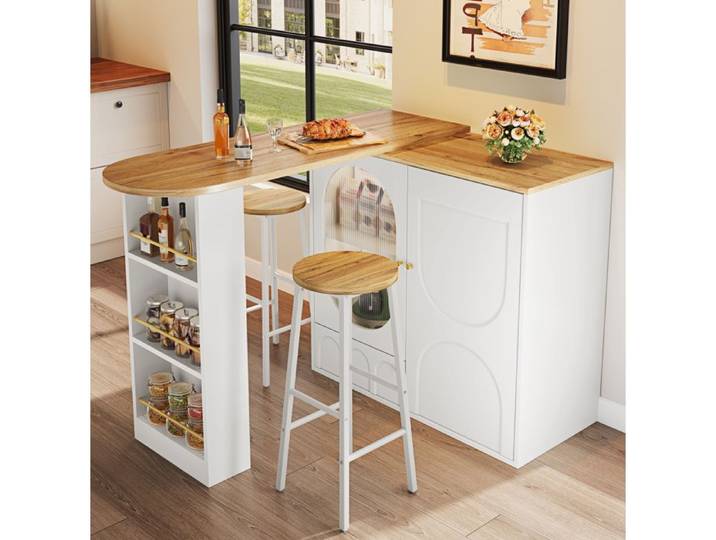 Desserte de Cuisine avec Rangement Portes en Verre et 2 Tabourets - ELVMI - MDF Métal Blanc Aspect Bois