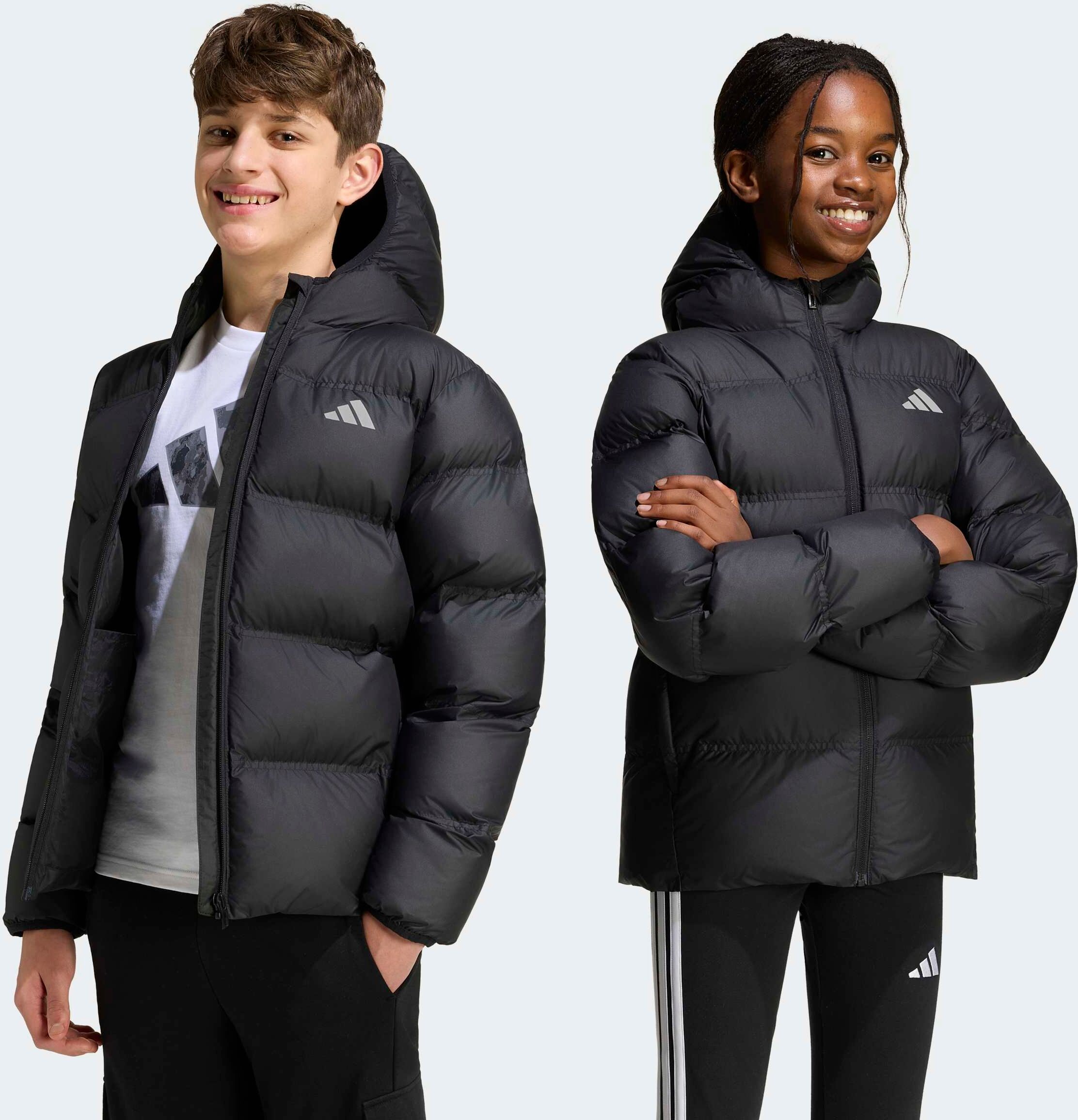Outdoorjacke ADIDAS SPORTSWEAR "KUNSTDAUNEN", Kinder, Gr. 128, schwarz (schwarz, reflective silber), Obermaterial: 100% Polyester. Futter: 100% Polyester, Jacken Outdoorjacke schwarz, reflective silber 128