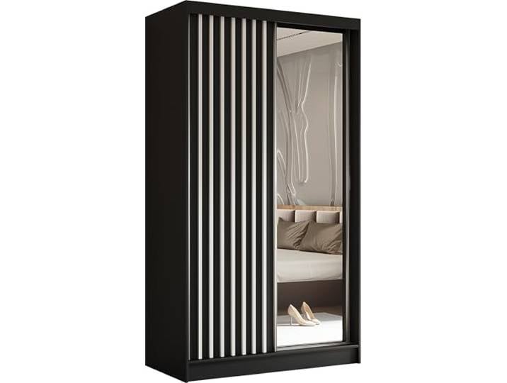 AXLIVING Kleiderschrank Cabinio 120 cm Schwarz, Spiegel Schwebetürenschrank Schwarz. Kleiderschrank mit vielen Fächern. Hochwertige Materialien. Laguna-Schiebetürsystem.