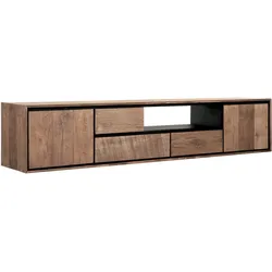TV-Board Metropole hängend aus Teakholz, modern massiv, natur, 195 cm, schwarzes Metallgestell