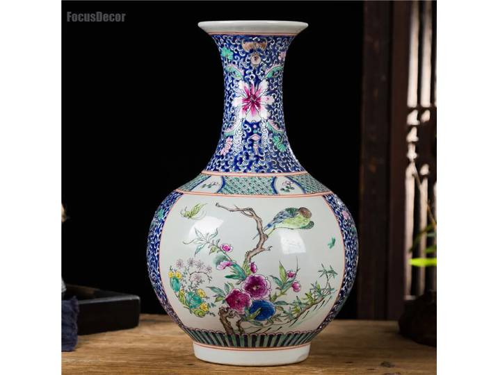 Vase chinois en céramique peint à la main Kangxi Antique chinois Famille Rose Vase en porcelaine fleur et oiseau maison impression 40 cm Vase à plantes