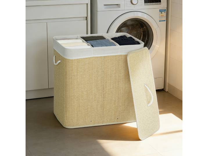 HOMCOM Panier à Linge Bambou 144L 3 Compartiments Crème
