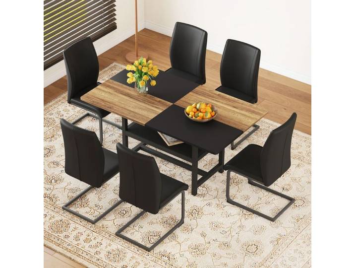 MEUBLIV Ensemble table à manger 7 pièces avec 6 chaises PU noir 160x90x76 cm plateau MDF effet bois