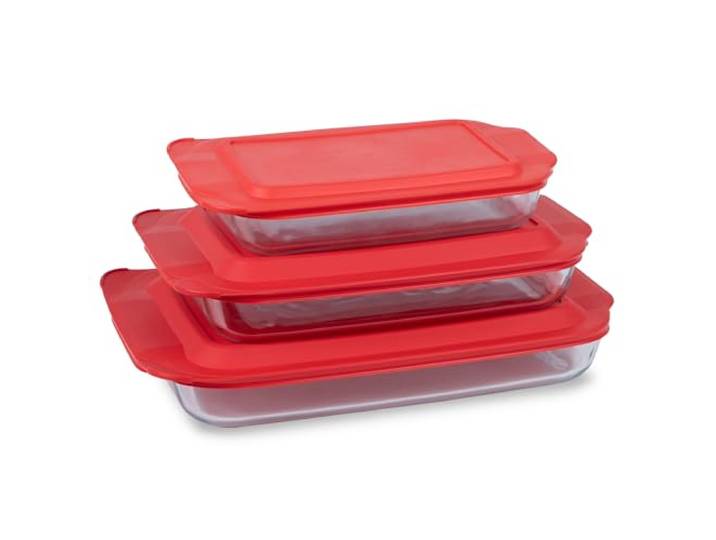 Pyrex Basics Glas-Backformen-Set (2QT, 3QT, 4.8QT) mit BPA-freien Deckeln, rechteckiges Glas-Backgeschirr, spülmaschinen-, mikrowellen-, gefrier- und vorgeheizt, ofenfest, 3er-Pack