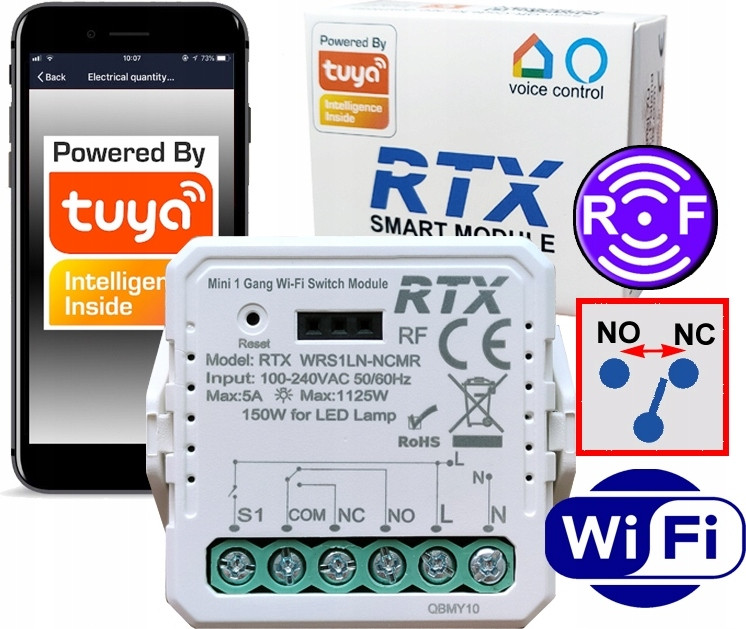 RTX spanningsvrij NC-mini relaismodule met TUYA WiFi en RF-controller