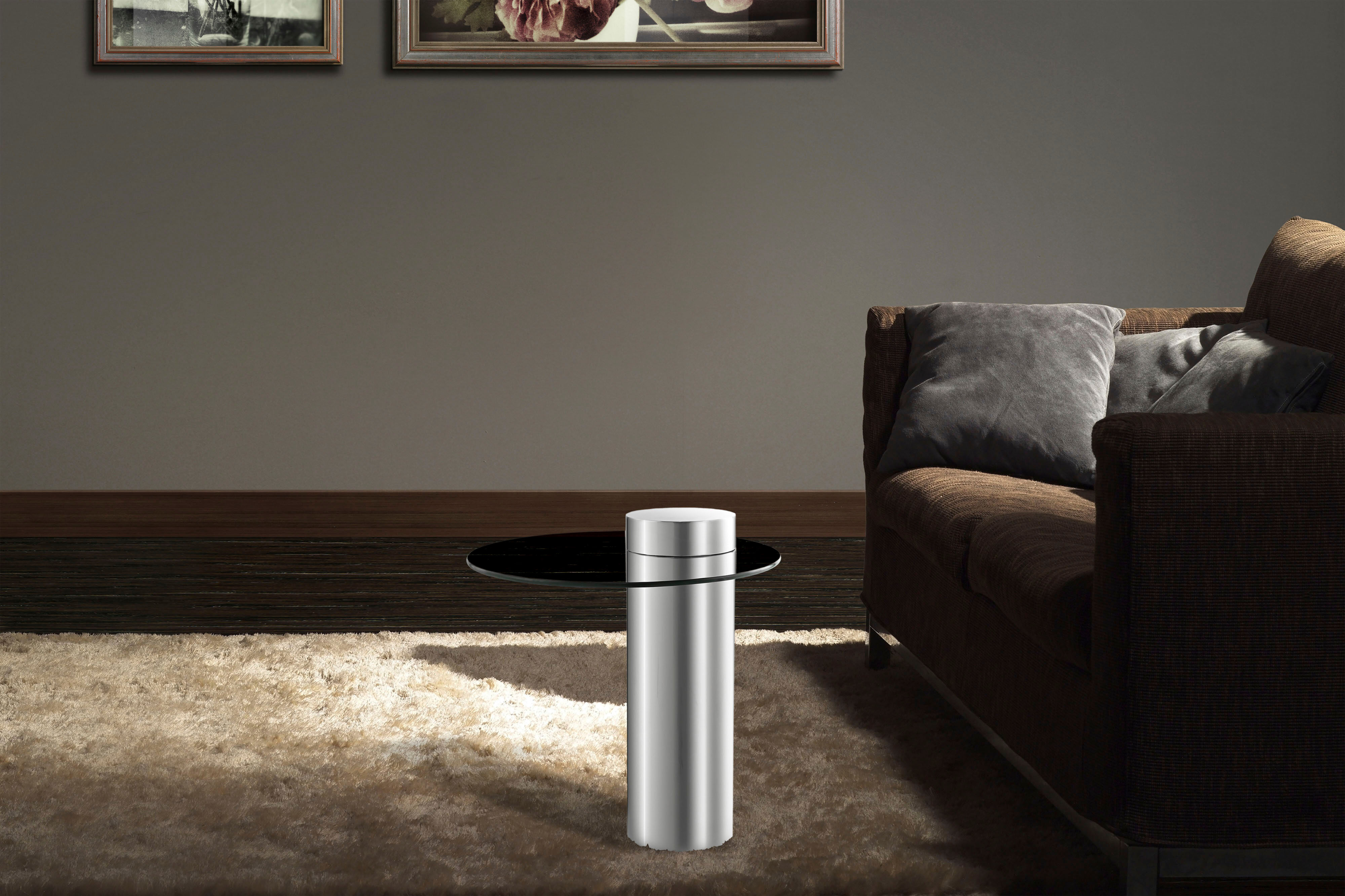 Beistelltisch KAYOOM "Ontario 125, Runde Glasplatte aus Sicherheitsglas, 100% Edelstahl", grau (silber, grau, silber, grau), B:46cm H:52cm T:46cm, 100% Edelstahl, Sicherheitsglas, Tische, Beistelltisch, Minimalistisches Design, Säulengestell, pflegeleicht