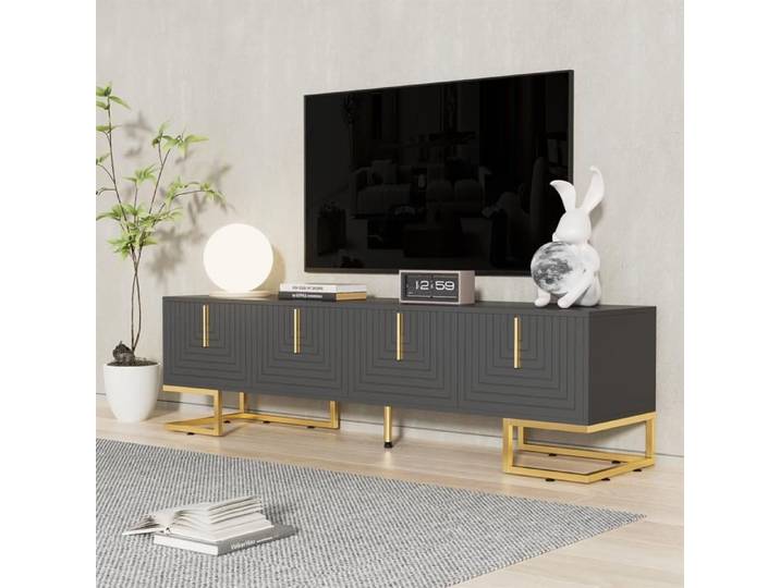 Meuble TV Elégant Armoire Télé avec 4 Portes Poignées et Pieds Dorés Contemporain Noir 170x40x45cm