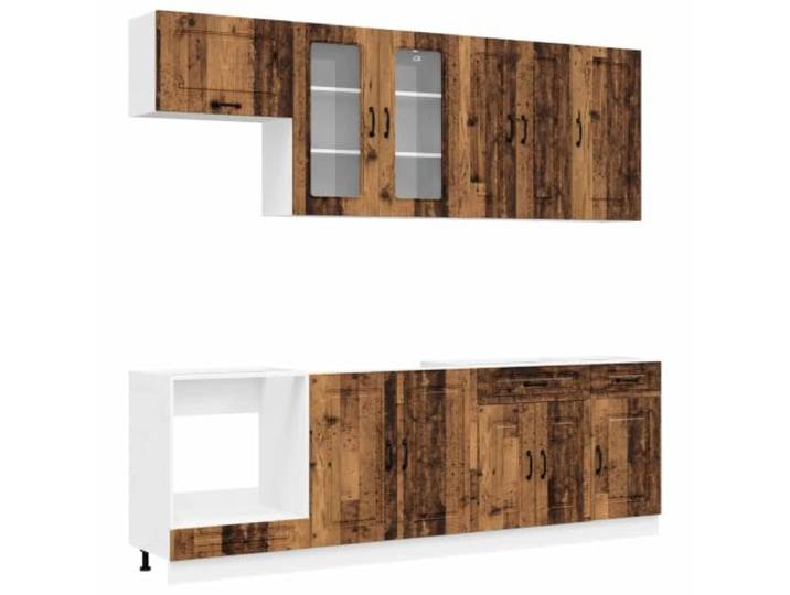 Makastle Küchenzeile 8-teilig, Altholz-Optik, Holzwerkstoff, mit Glasfront und verstellbaren Füßen