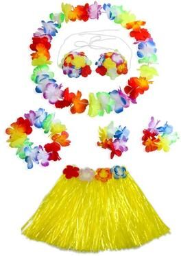 Uplift Picks Colorful Kids Hawaiian Luau Costume Set With Grass Skirt Party Accessories yellow (6 Pcs)
