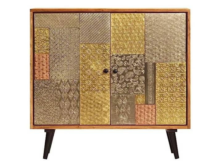 GKMBCVDFR Sideboard 80x30x75 cm Massivholz Akazie Vintage Stil, Honigfarben, 2 Tuerfaecher, Metallverzierungen, Antik Griffe