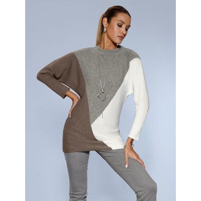 Fledermauspullover CREATION L "Stehkragen-Pullover", Damen, Gr. 38, steingrau, ecru, gemustert, 41% Polyamid, 21% Modal, 21% Viskose, 17% metallisierte Fasern, gemustert, Pullover
