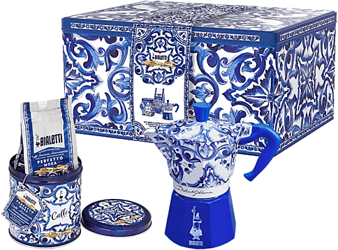 Cafetera tradicional - Bialetti Set Moka Express Azul Mediterráneo 3 tazas y café Perfetto Autentico, Aluminio,