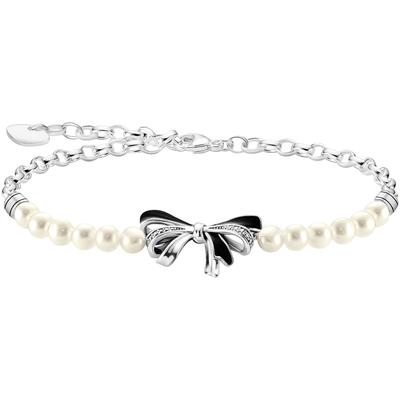 Armband THOMAS SABO "Schleifen mit Perlen Lovely Romance" Gr. 19, schwarz-weiß (silberfarben, schwarz, weiß, weiß), Armbänder, Damen, 19, Perlen Silber 925 (recycelt), Perlen, Silber 925 (recycelt), Armband, mit Zirkonia (synth.) - mit...
