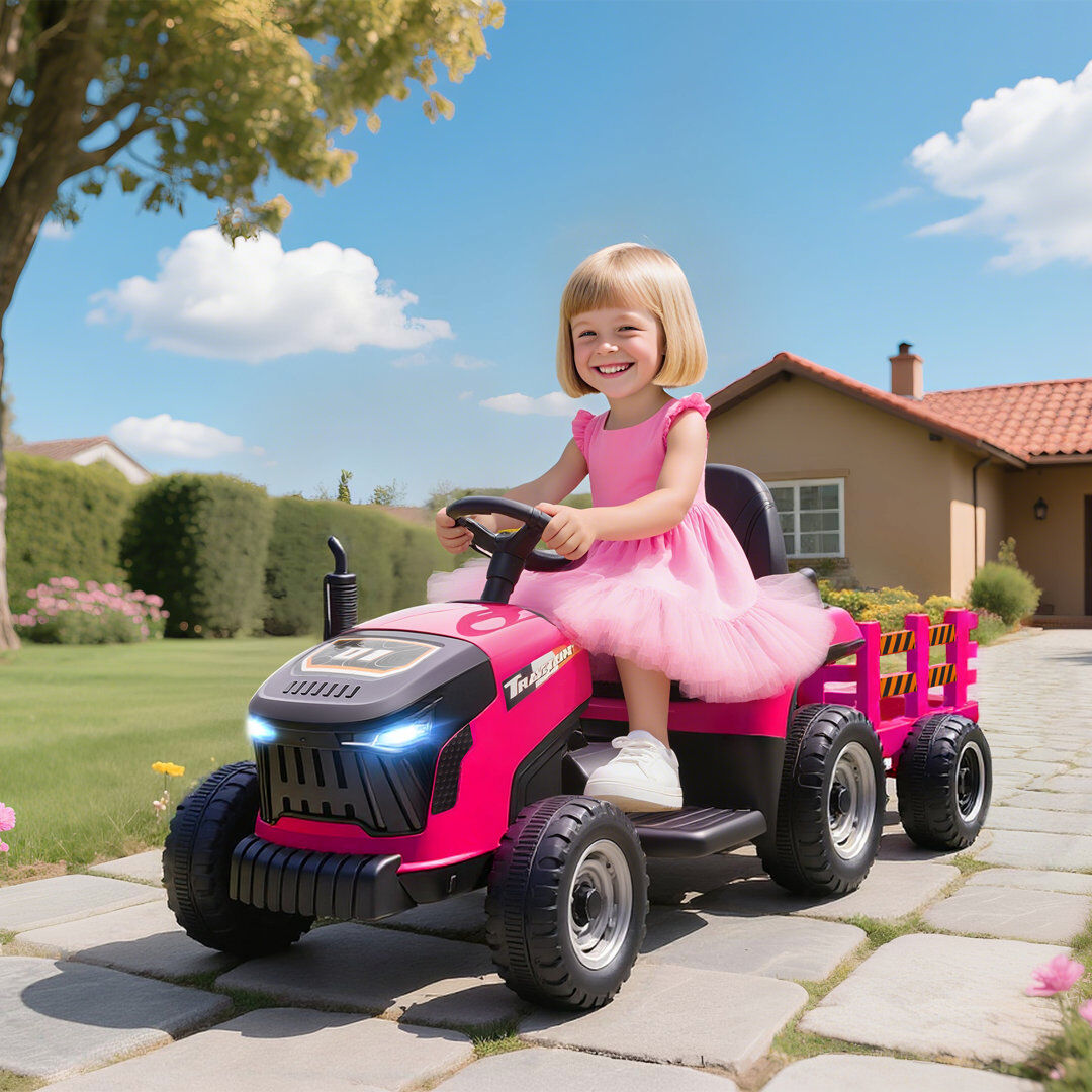 HOMCOM AIYAPLAY Ride on Tractor and Trailer, 12V Electric Ride on Tractor Pink 1