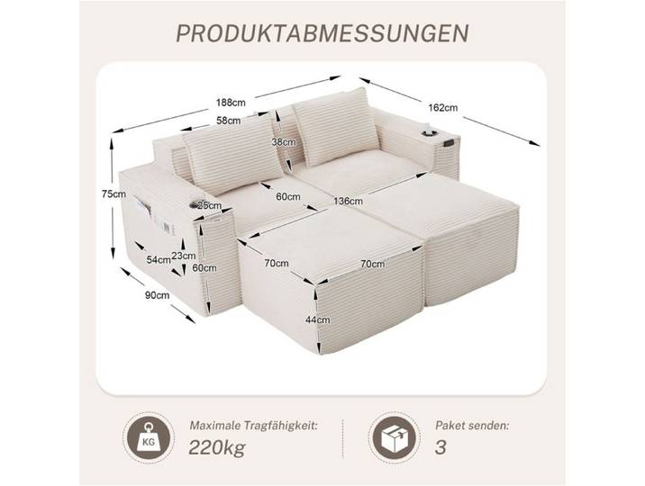 WUVRIE Canape modulable 2 places avec 2 poufs velours cotele beige porte-gobelets et poches laterales
