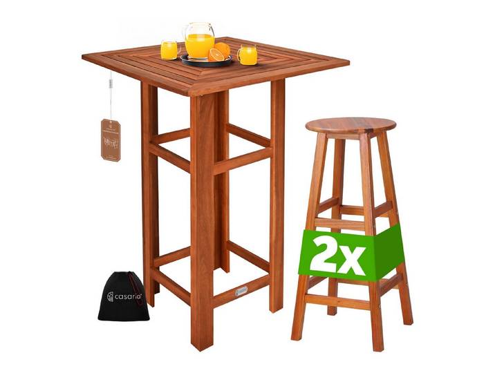 Casaria Stehtisch, Bartisch mit Hocker Set Outdoor Holz Akazie 110x75x75cm Wetterfest