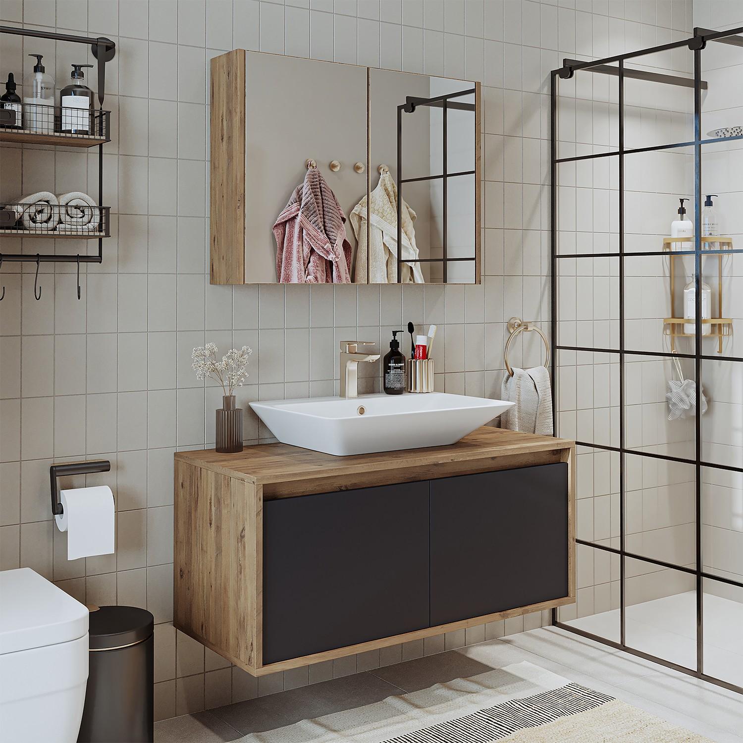 Skye Decor, Badschrank mit Waschbecken & Spiegelset (2 Teile) - 100% MDF-LAM, Atlantik-Kiefer & Anthrazit