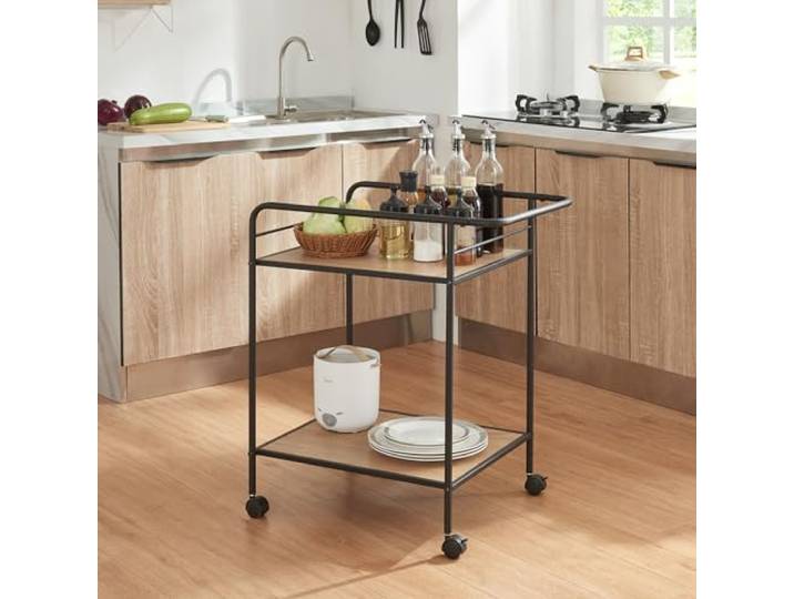 [en.casa] Servierwagen Hole Küchenwagen mit Rollen Beistellwagen Rollwagen mit 2 Ablagen Metallgestell Rollregal Badregal 72 x 62 x 45 cm Schwarz/Eiche-Optik