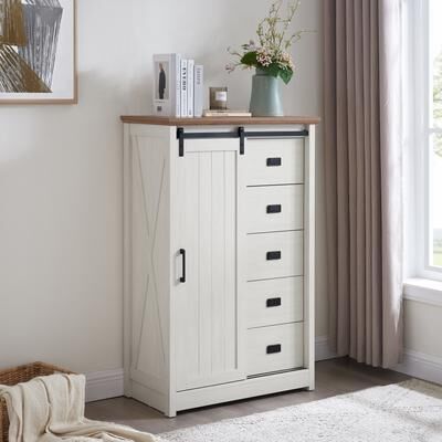 GDFStudio - Farmhouse Modern Sliding Barn Door Dresser with 5 Drawers and Adjustable Shelves